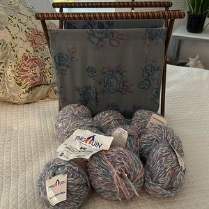 Grandmother’s collapsible knitting Basket and 10 skeins French mohair wool yarn